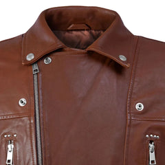 Tan Leather Asymmetric Zip Wide Lapel Jacket
