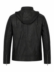 Men’s Classic Black Hooded Leather Jacket Back