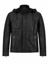 Men’s Classic Black Hooded Leather Jacket Front
