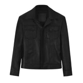 Men’s Classic Black Leather Jacket with Flap Pockets