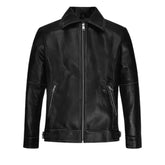 Men’s Classic Black Leather Jacket with Shirt Collar