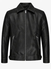 Men’s Classic Black Leather Jacket with Shirt Collar Front