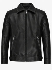 Men’s Classic Black Leather Jacket with Shirt Collar Front