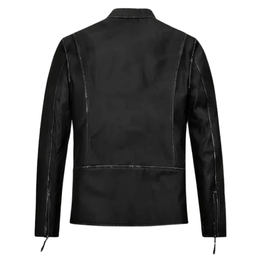 Men’s Classic Black Leather Jacket with Zipper Pockets