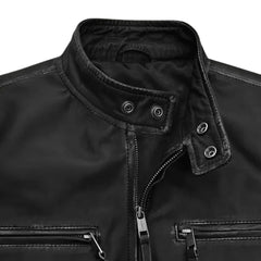 Men’s Classic Black Leather Jacket with Zipper Pockets