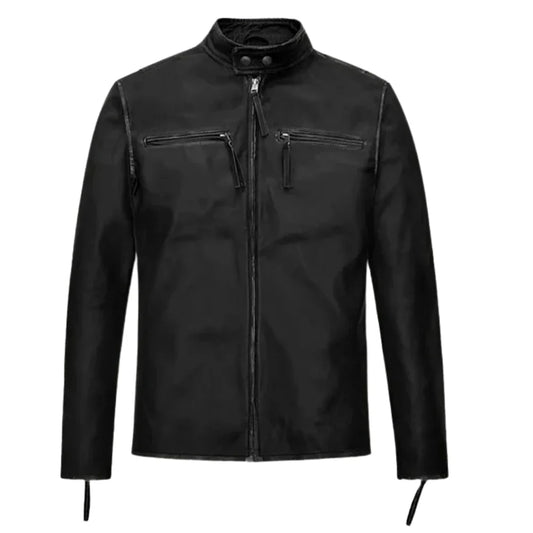 Men’s Classic Black Leather Jacket with Zipper Pockets