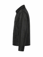 Men’s Classic Black Multi-Pocket Leather Jacket Left