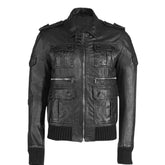 Men’s Vintage Black Leather Jacket with Epaulets