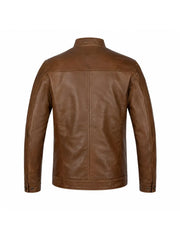 Men’s Classic Tan Leather Jacket with Snap Collar Back