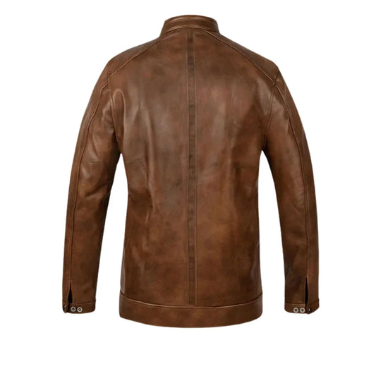 Men’s Classic Tan Leather Jacket with Snap Collar