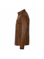 Men’s Classic Tan Leather Jacket with Snap Collar Left