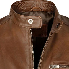 Men’s Classic Tan Leather Jacket with Snap Collar