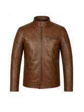 Men’s Classic Tan Leather Jacket with Snap Collar Front