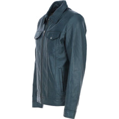 Men's Classic Teal Leather Zip Jacket