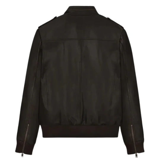 Men’s Dark Brown Bomber Leather Jacket with Epaulets