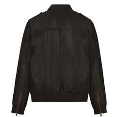 Men’s Dark Brown Bomber Leather Jacket with Epaulets