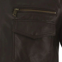 Men’s Dark Brown Bomber Leather Jacket with Epaulets