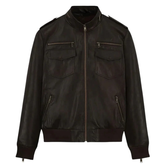 Men’s Dark Brown Bomber Leather Jacket with Epaulets