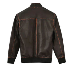 Men’s Dark Brown Leather Bomber Jacket with Contrast Stitching