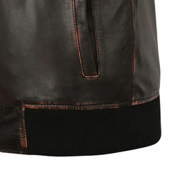 Men’s Dark Brown Leather Bomber Jacket with Contrast Stitching