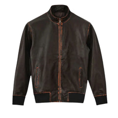 Men’s Dark Brown Leather Bomber Jacket with Contrast Stitching