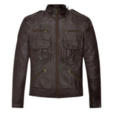 Men’s Dark Brown Multi-Pocket Leather Jacket