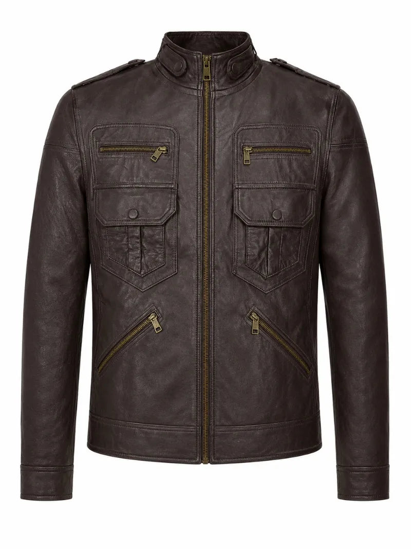 Men’s Dark Brown Multi-Pocket Leather Jacket Front