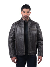 Men’s Dark Grey Leather Jacket with Zip Chest Pocket Front