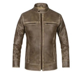 Men’s Brown Leather Jacket with Snap Collar