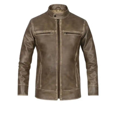 Men’s Brown Leather Jacket with Snap Collar