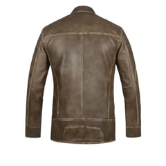 Men’s Brown Leather Jacket with Snap Collar