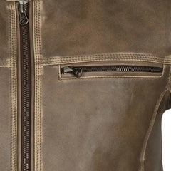 Men’s Brown Leather Jacket with Snap Collar