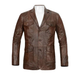 Men’s Four-Pocket Brown Leather Blazer Jacket