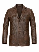 Men’s Four-Pocket Brown Leather Blazer Jacket Front