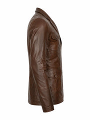 Men’s Four-Pocket Brown Leather Blazer Jacket Right
