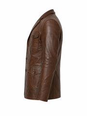 Men’s Four-Pocket Brown Leather Blazer Jacket Left