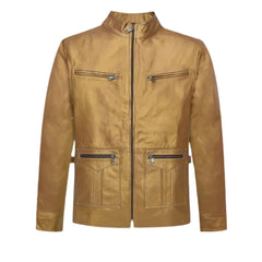 Men’s Golden Tan Leather Jacket with Zippered Pockets
