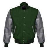 Men's Green Grey Leather Sleeves Baseball Jacket