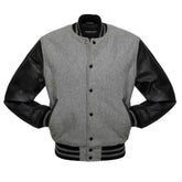 Men's Grey Black Leather Sleeves Varsity Jacket