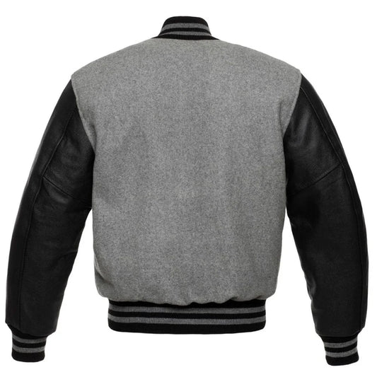 Men's Grey Black Leather Sleeves Varsity Jacket