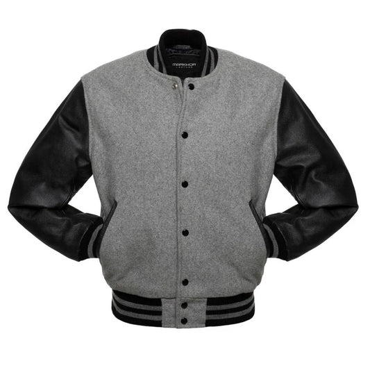 Men's Grey Black Leather Sleeves Varsity Jacket