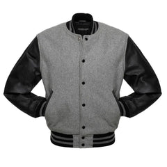 Men's Grey Black Leather Sleeves Varsity Jacket