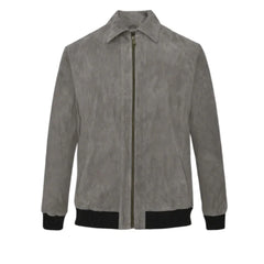 Men’s Grey Suede Leather Bomber Jacket