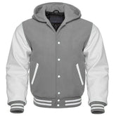 Men's Grey and White Hooded Varsity Jacket
