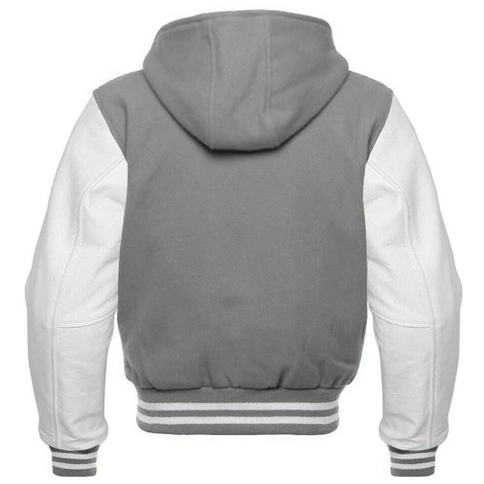Men's Grey and White Hooded Varsity Jacket