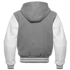 Men's Grey and White Hooded Varsity Jacket