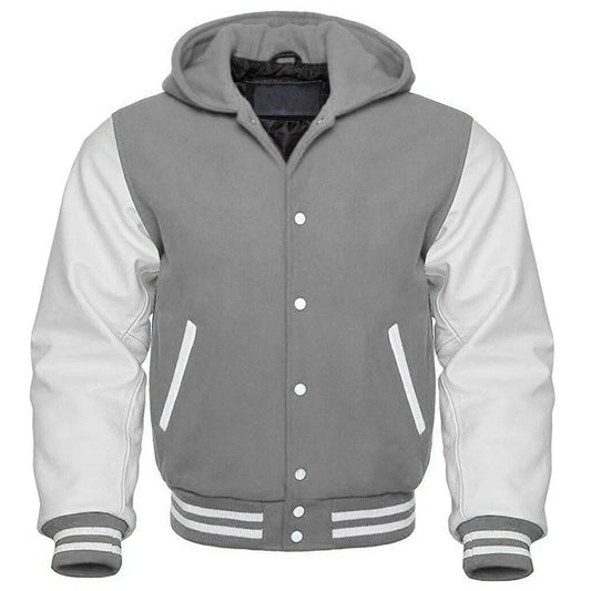Men's Grey and White Hooded Varsity Jacket