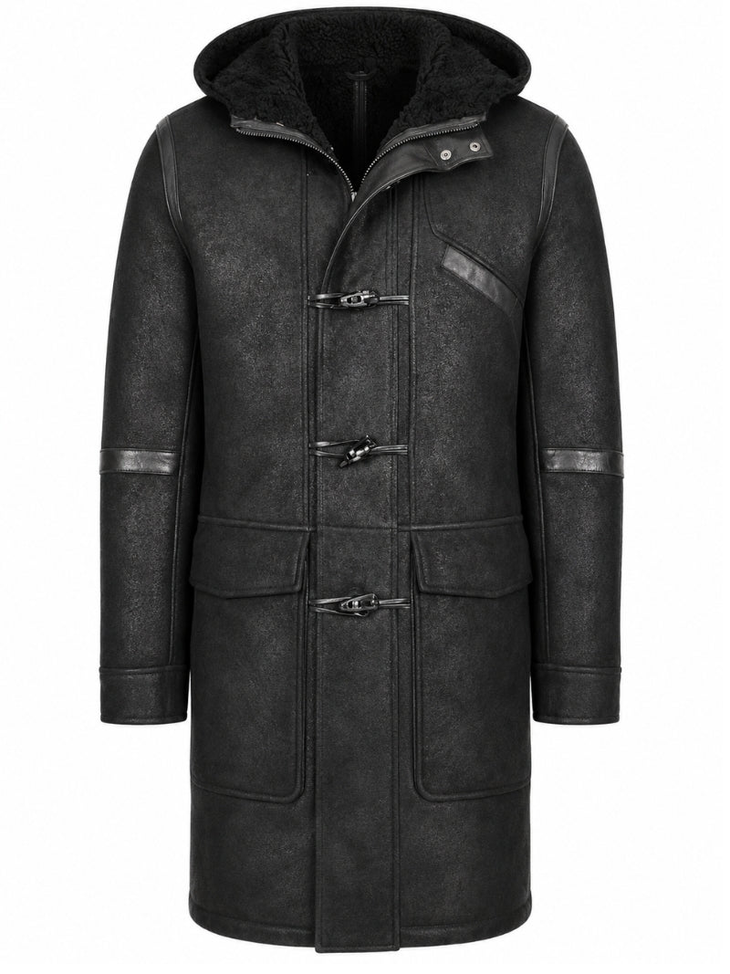 Men's Leather Black Winter Duffle Coat