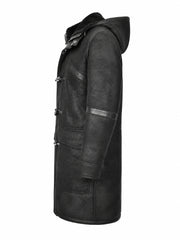 Men's Leather Black Winter Duffle Coat