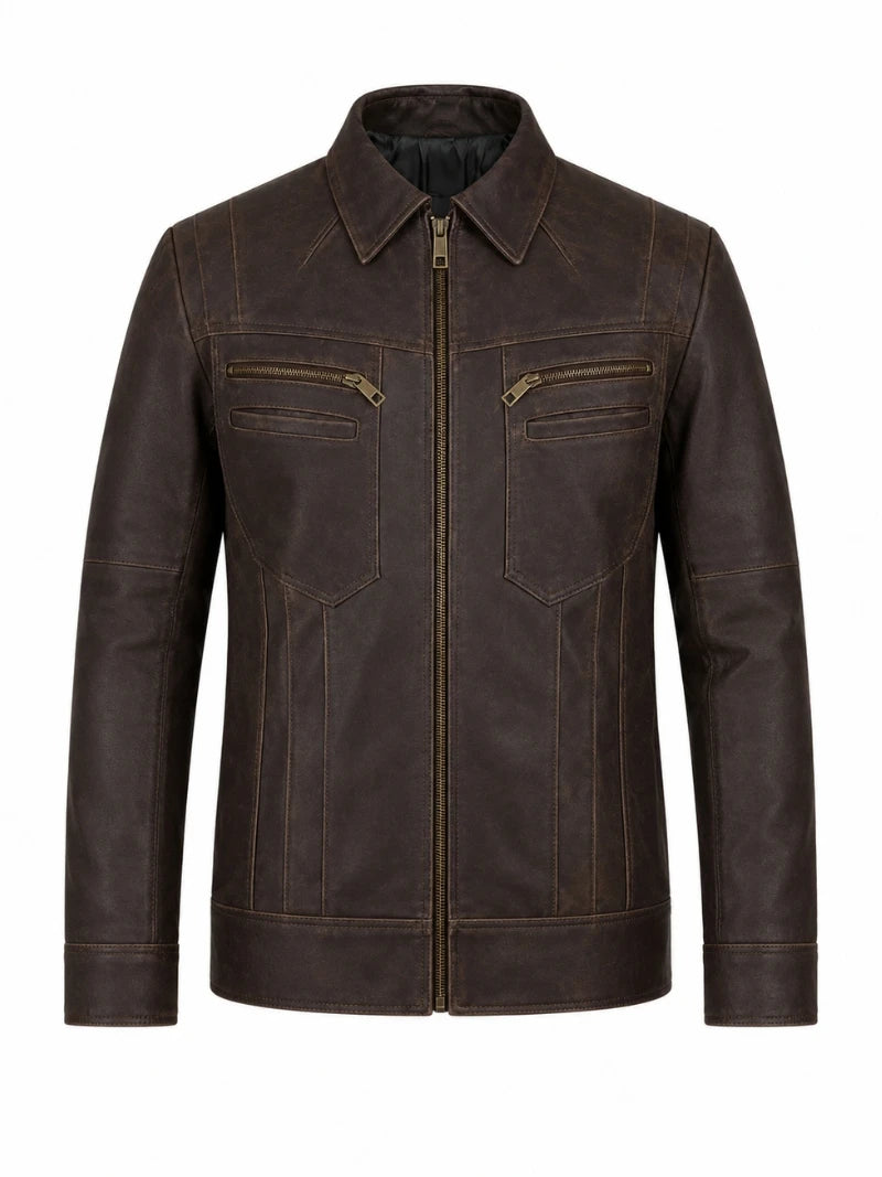 Men’s Leather Shirt Collar Jacket Front